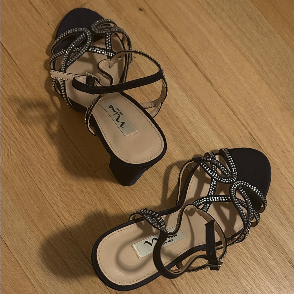 Nina New York Dark Blue Strappy Heels with Rhinestones